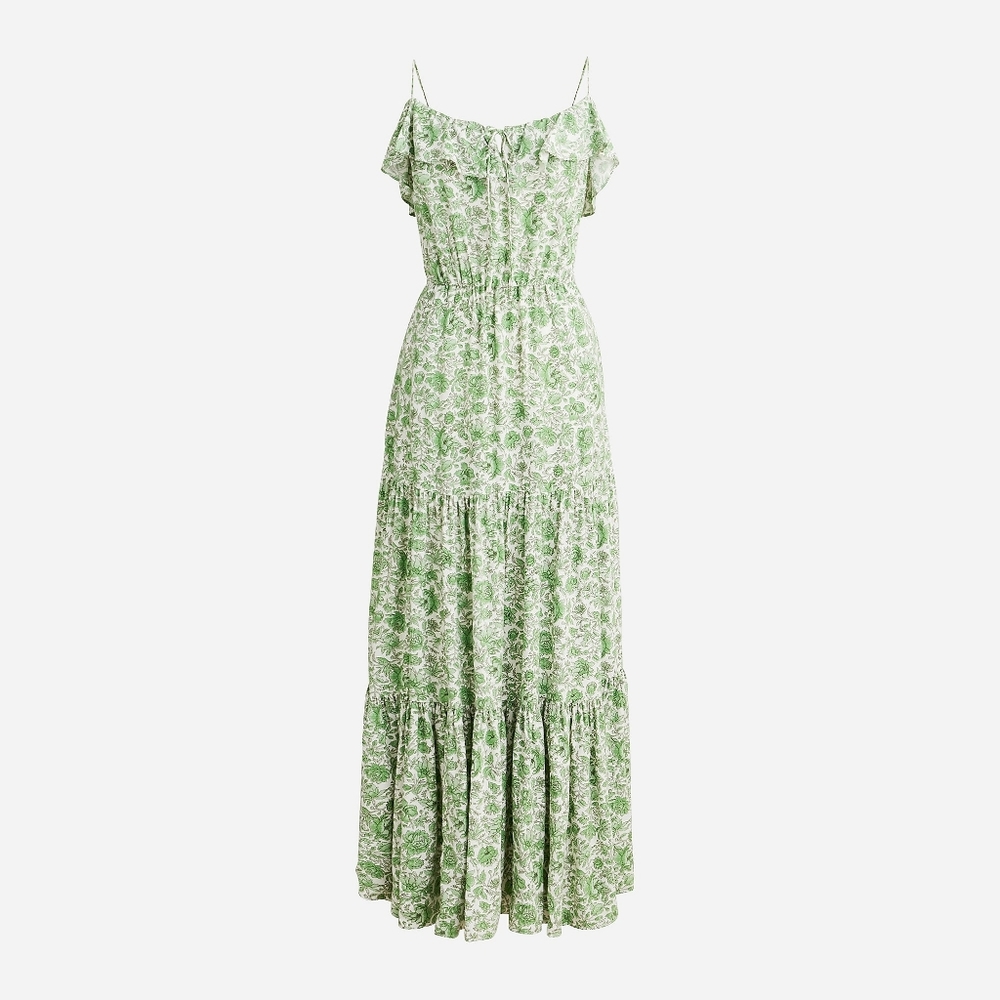 New! J Crew sz L Tiered Maxi Dress in Green Ivory Tossed Floral Large NWT